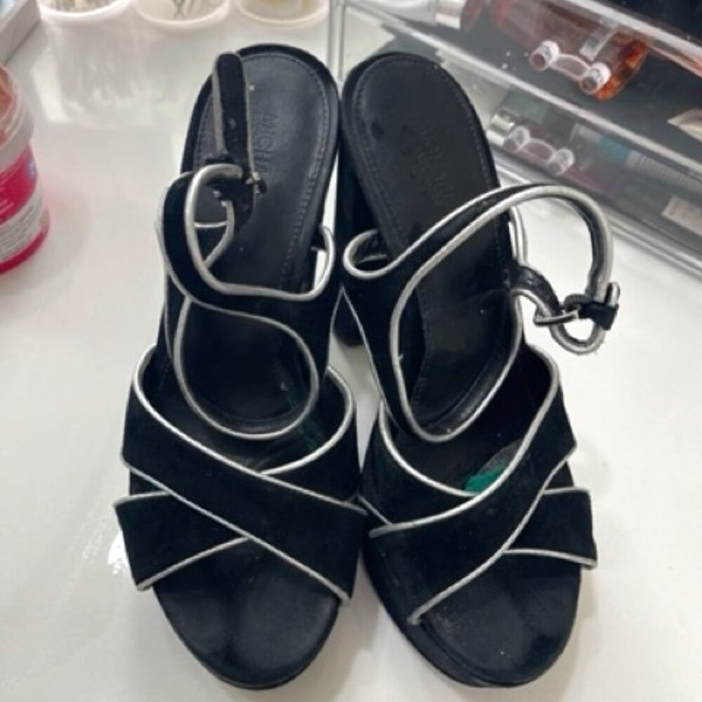 Michael Kors Lexie Platform Designer Sandals Black Suede Silver Trim size 7.5